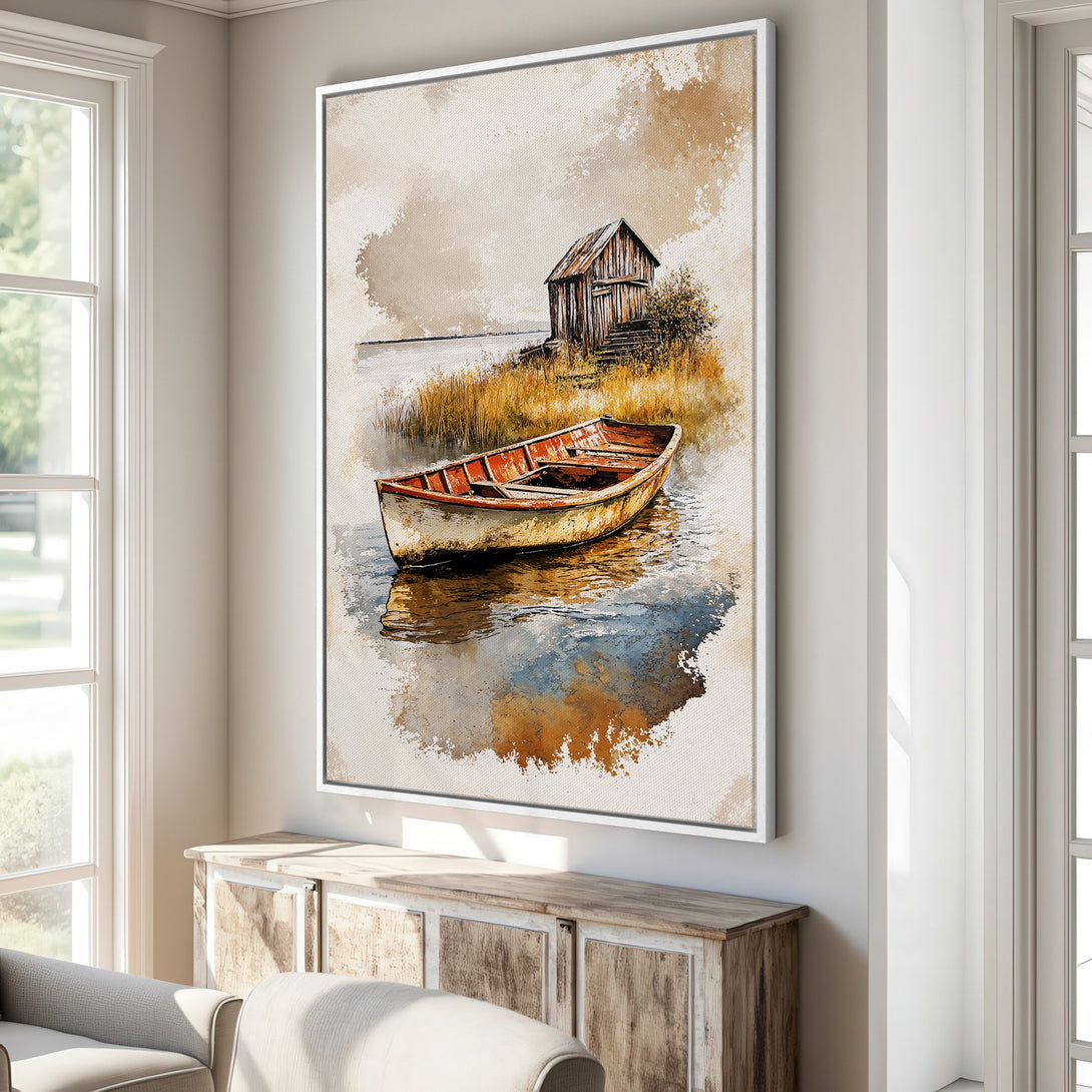 Framed Wall Art featuring a watercolor-style boat scene with warm earth tones. Enhance your home decor with this beautiful canvas print!