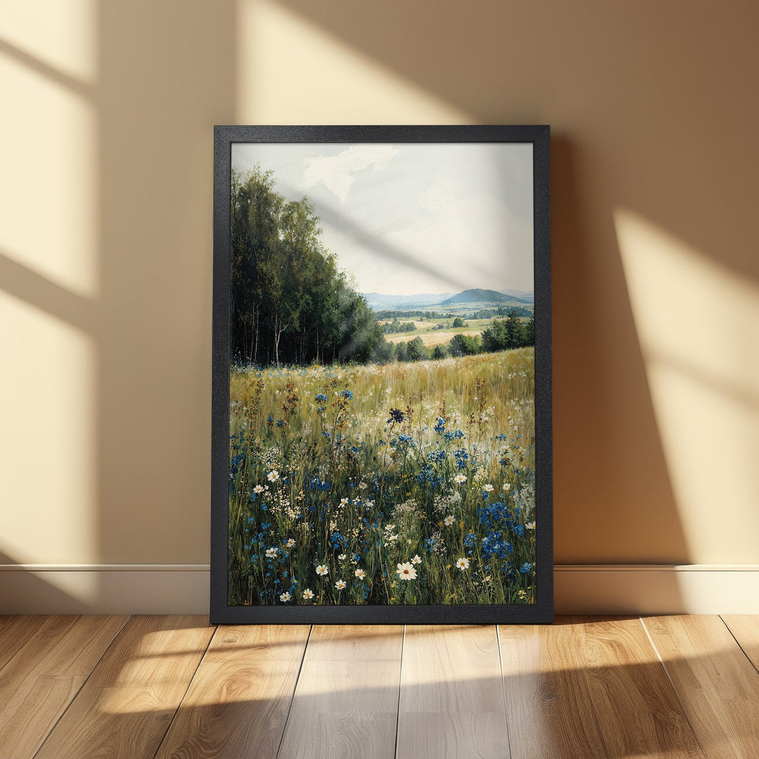 Framed Poster of a serene meadow landscape, featuring wildflowers and trees. Soft, natural style with a green, blue, and yellow color palette.
