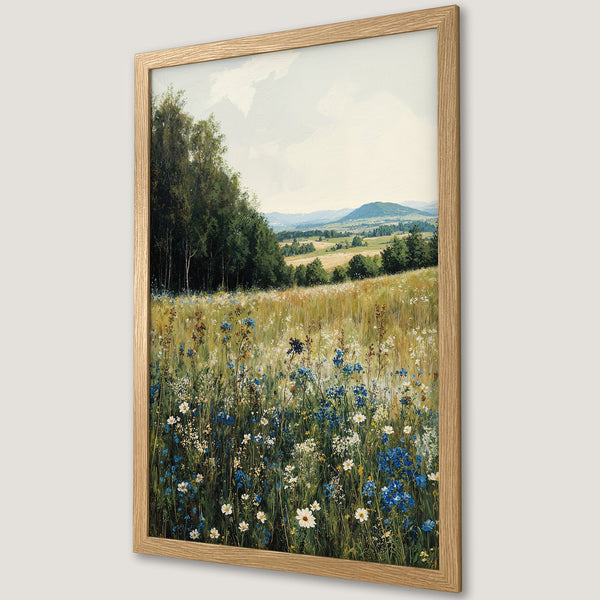 Framed Poster of a serene landscape with wildflowers, a vibrant green and blue color palette, perfect wall art.