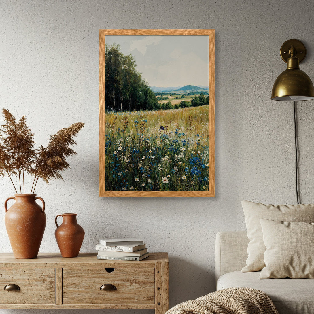 Framed Poster of a serene landscape painting, featuring a field of wildflowers. Earthy tones and natural style for a calming aesthetic.