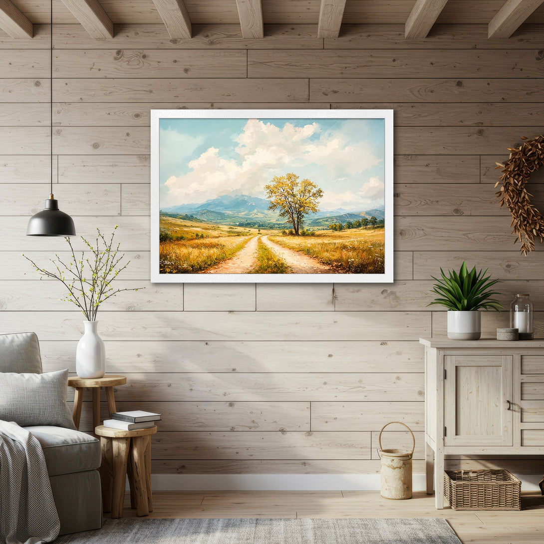 Framed Poster of a scenic landscape painting. Rustic style with warm, earthy tones and a touch of blue. Perfect home decor!