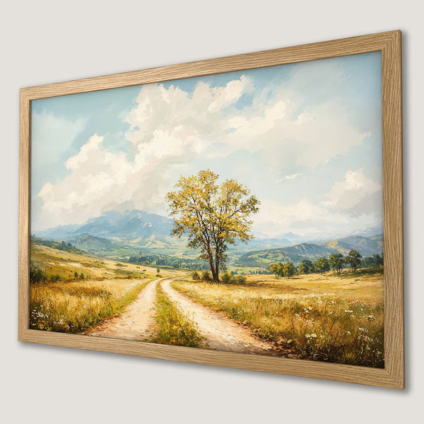 Framed Poster: Landscape art print with a tree, dirt road, and golden fields. Earthy tones and soft brushstrokes. Perfect wall decor.