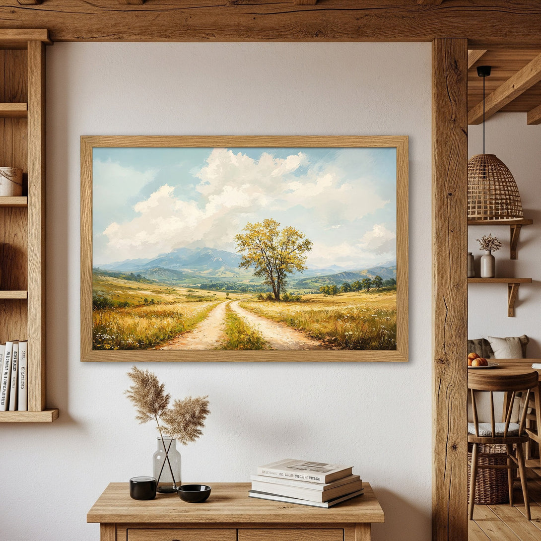 Framed Poster of a scenic landscape painting with a warm, earthy color palette. Perfect art for your home!