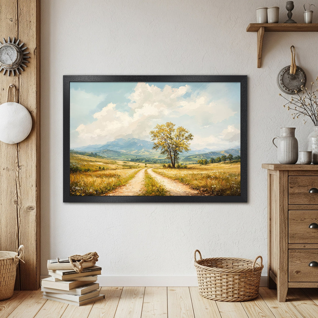 Framed Poster featuring a serene landscape painting in warm earth tones. Perfect wall art for a cozy, rustic aesthetic.