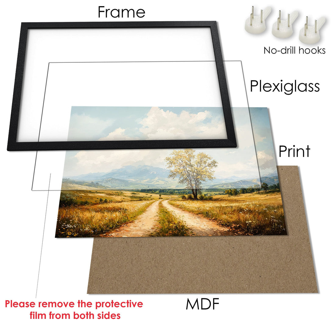Framed Poster of a scenic landscape with a dirt road, featuring warm earth tones and a blue sky. Perfect wall art!