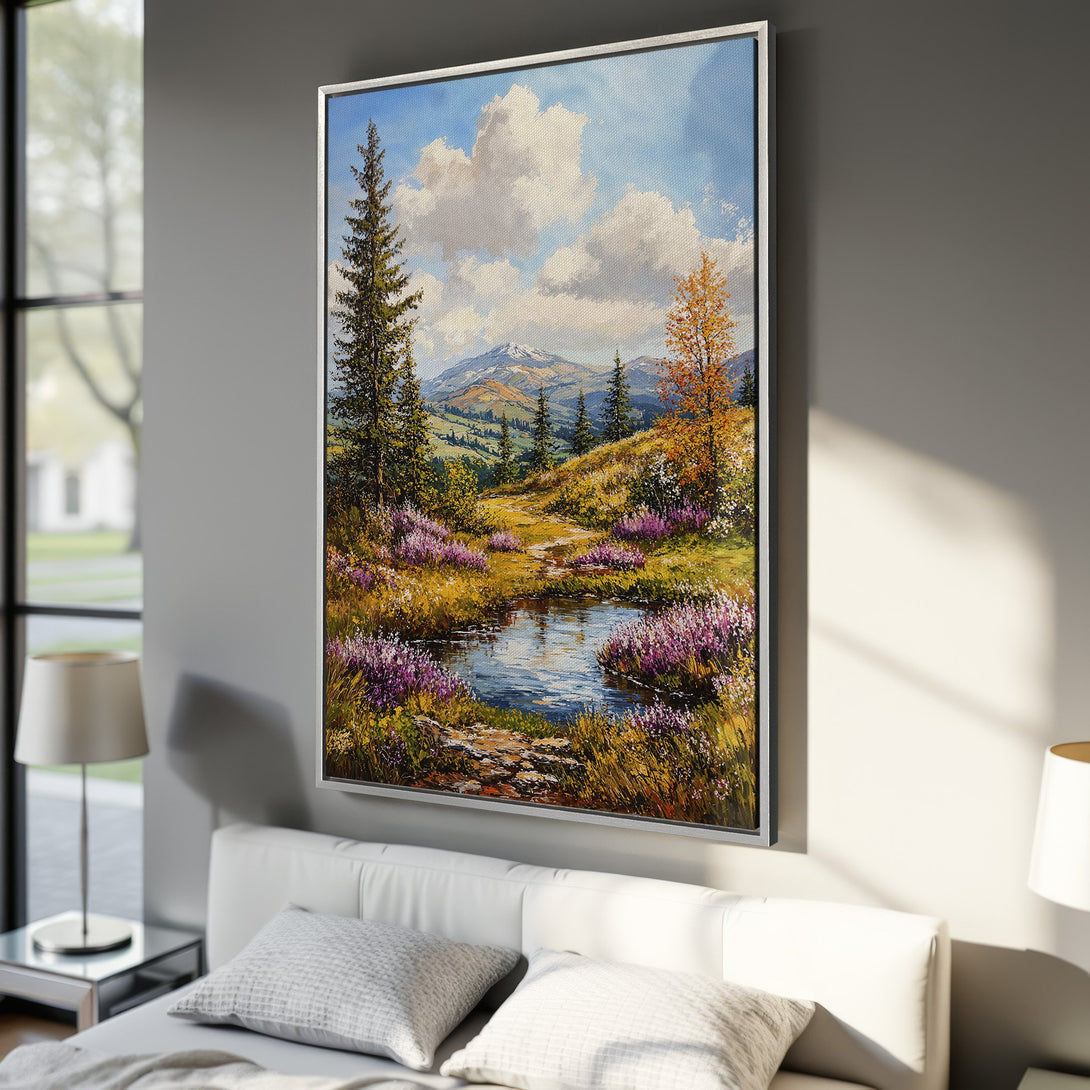 Framed Wall Art: Landscape Canvas Print with a serene mountain scene, featuring a vibrant color palette of blues, greens, and purples. Perfect for adding a touch of nature to your home.