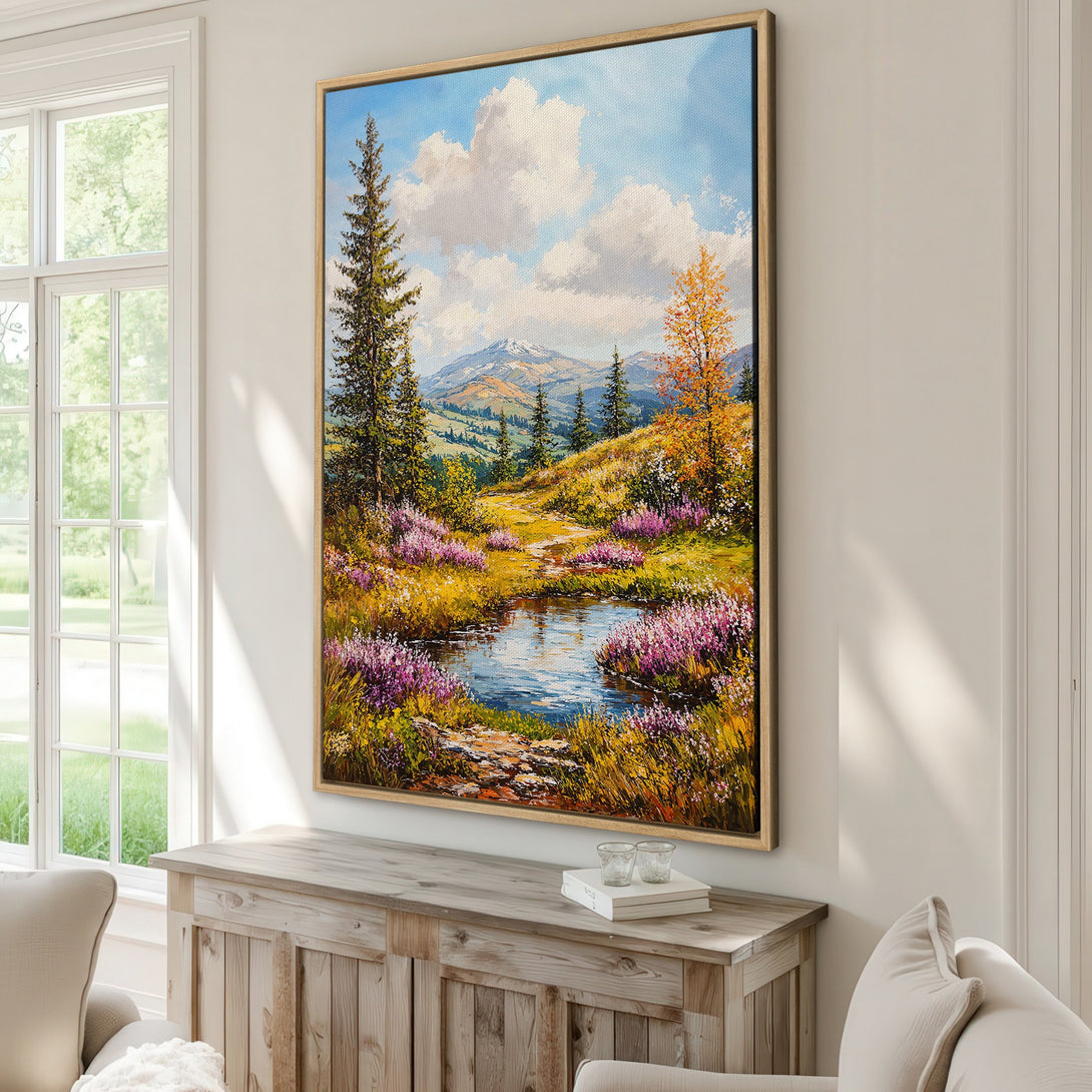 Framed Wall Art: Landscape Canvas Print featuring a vibrant mountain scene with a river, in a warm, inviting color palette. Perfect for adding nature's beauty to your home.