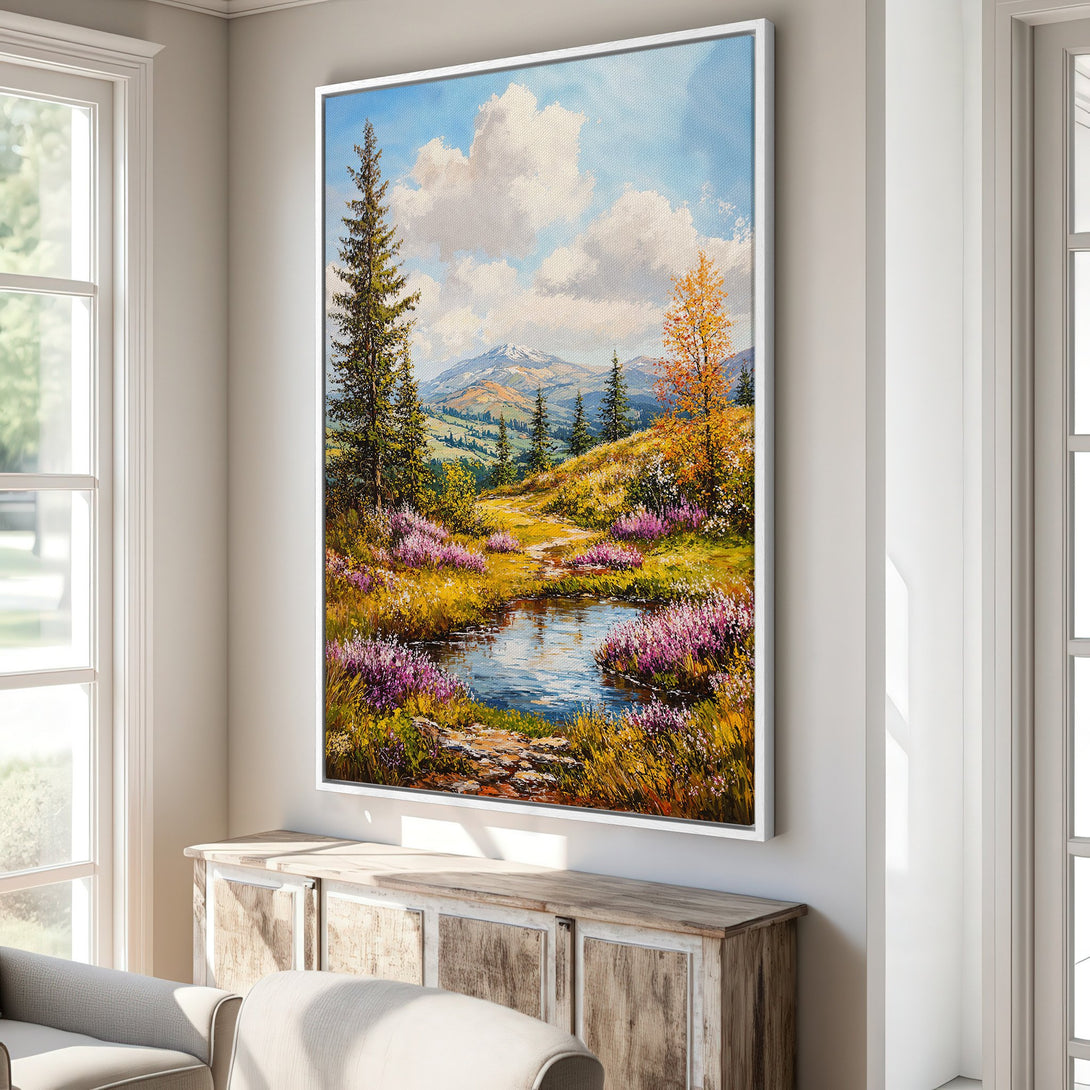 Canvas Print of a scenic landscape with vibrant colors, featuring a pond and mountains. Impressionistic style with a warm, inviting color palette.