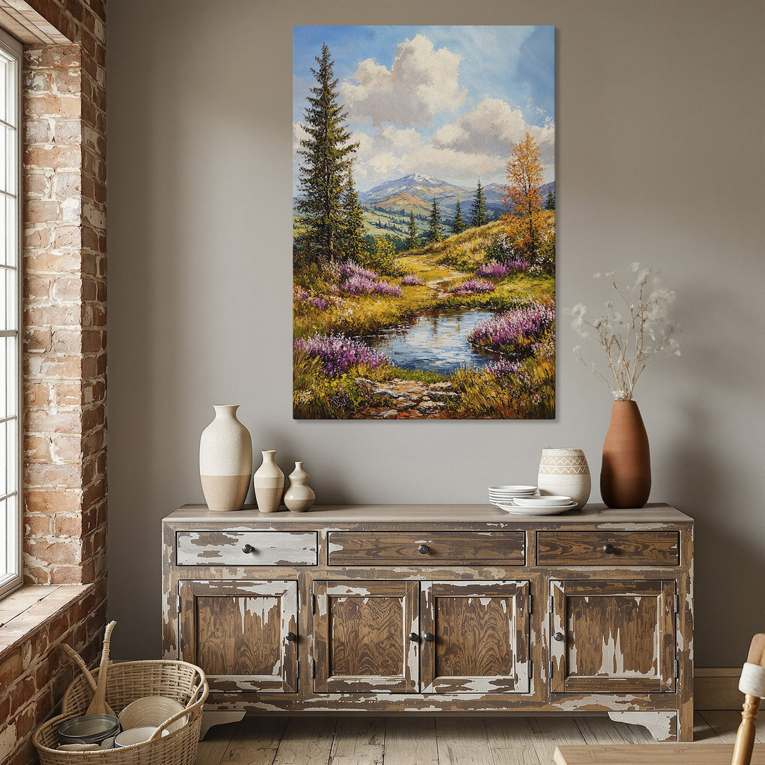 Framed Wall Art: Landscape painting of a mountain stream with vibrant colors, displayed in a dining room. Perfect for adding a touch of nature to your home!