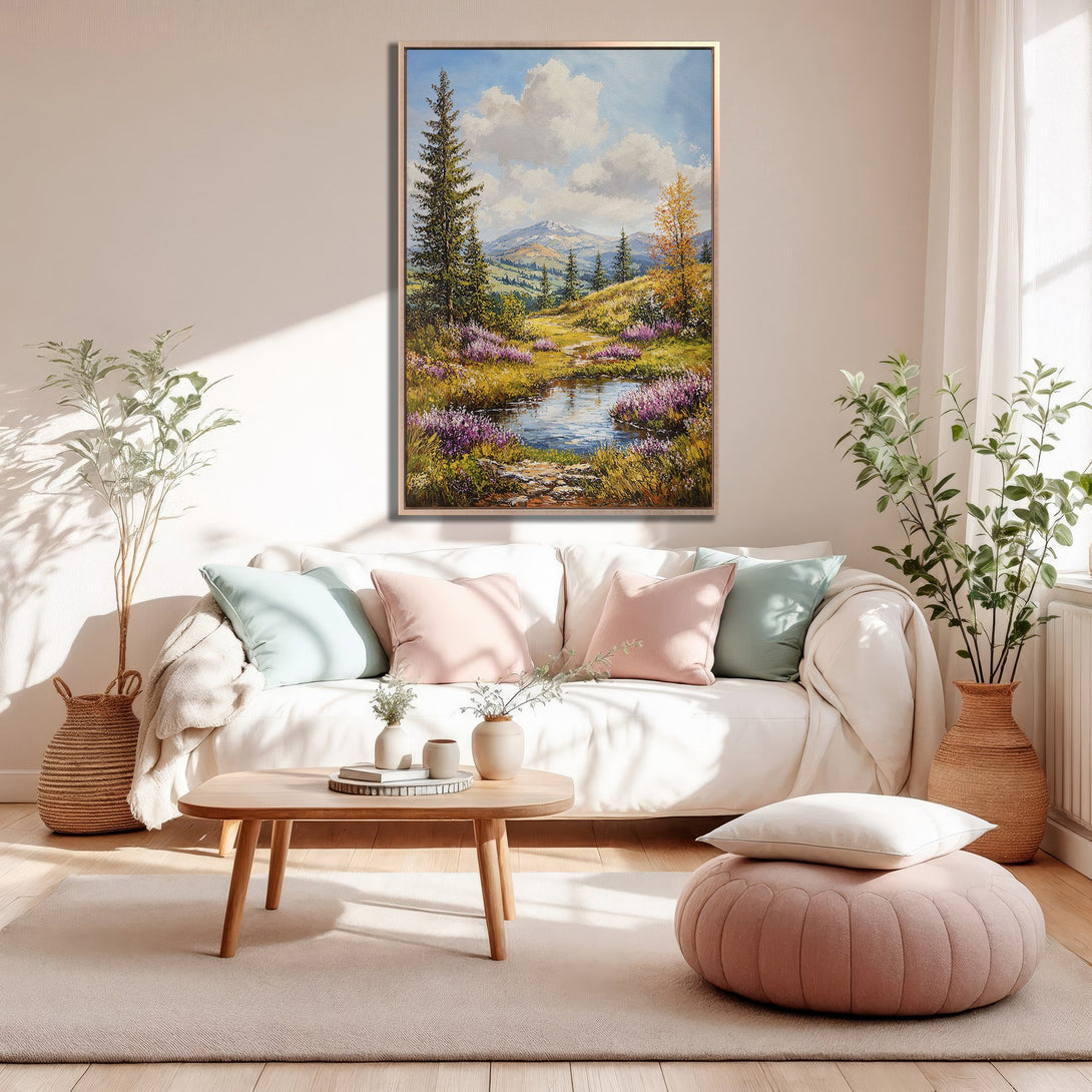 Framed Wall Art: Landscape painting in a living room. Features a serene mountain scene with a warm, neutral color palette. Perfect for adding nature to your home.