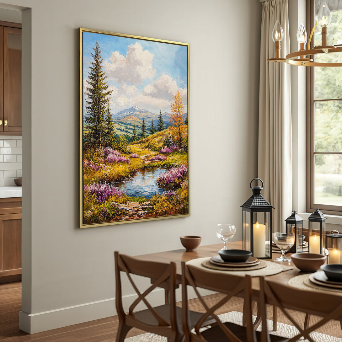 Canvas Print of a serene landscape painting with a pond, trees, and mountains. Features a warm, natural color palette, perfect for home decor.