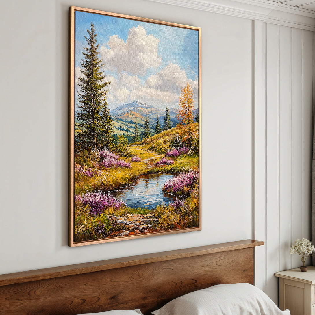 Framed Wall Art: Landscape Canvas Print with vibrant colors. Mountain scene with a stream, featuring lush greenery and a blue sky. Perfect for home decor.