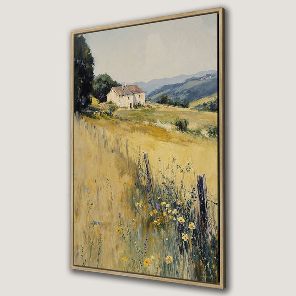 Framed Wall Art: Landscape painting of a farmhouse in a field, warm yellow and green color palette. Perfect for adding a touch of rustic charm to your home.