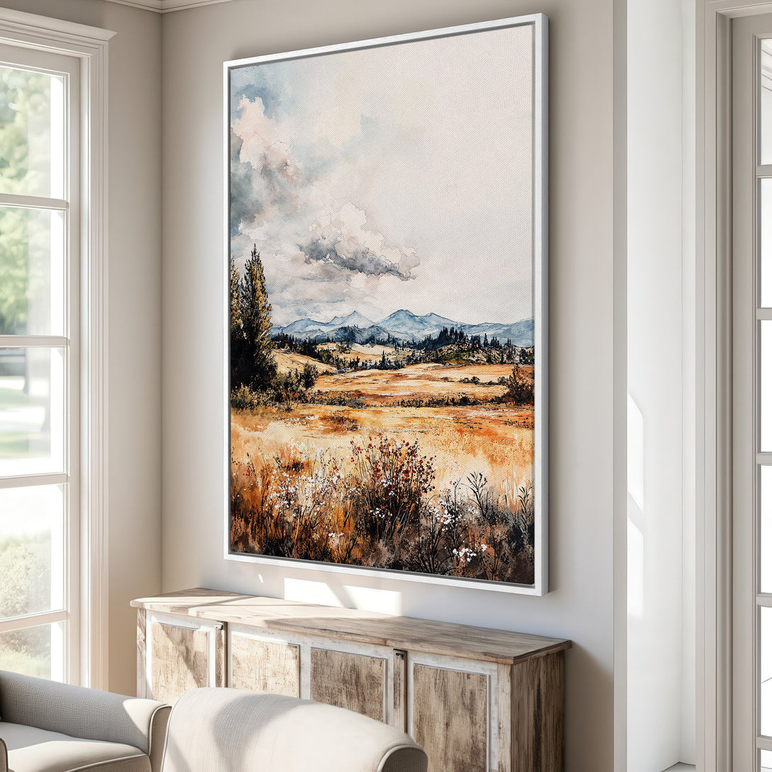 Canvas Print of a watercolor landscape painting with warm earth tones and cool blue mountains. Perfect framed wall art for living rooms.