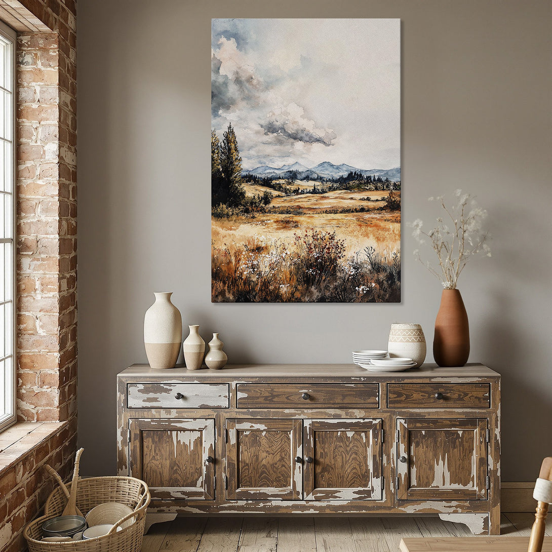 Framed Wall Art: Landscape Canvas Print in warm tones. Watercolor style painting of a field, mountains, and sky. Perfect for home decor.