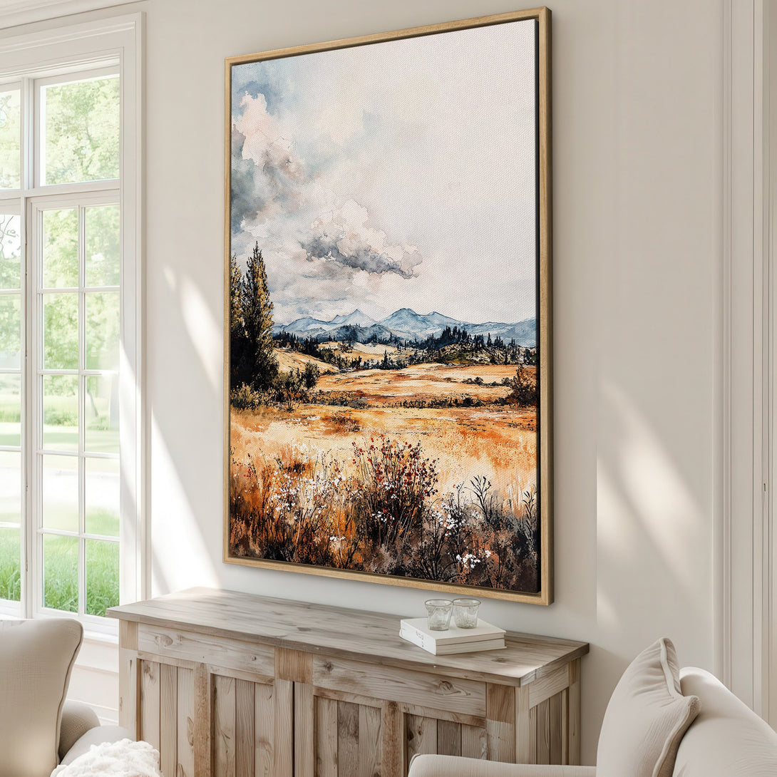 Framed Wall Art: Watercolor landscape Canvas Print with warm earth tones and cool blues, perfect for adding a touch of nature to your home decor.
