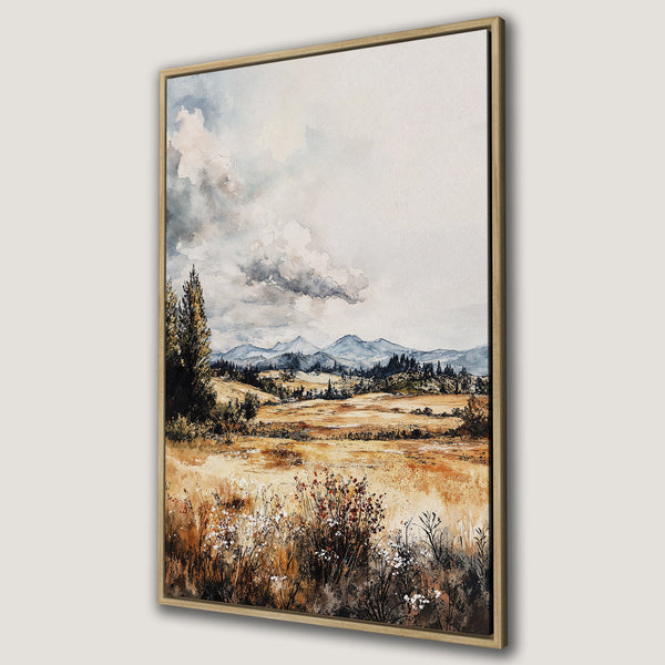 Framed Wall Art: Watercolor landscape Canvas Print in warm earth tones. Features a serene mountain scene with a muted color palette. Perfect for home decor.
