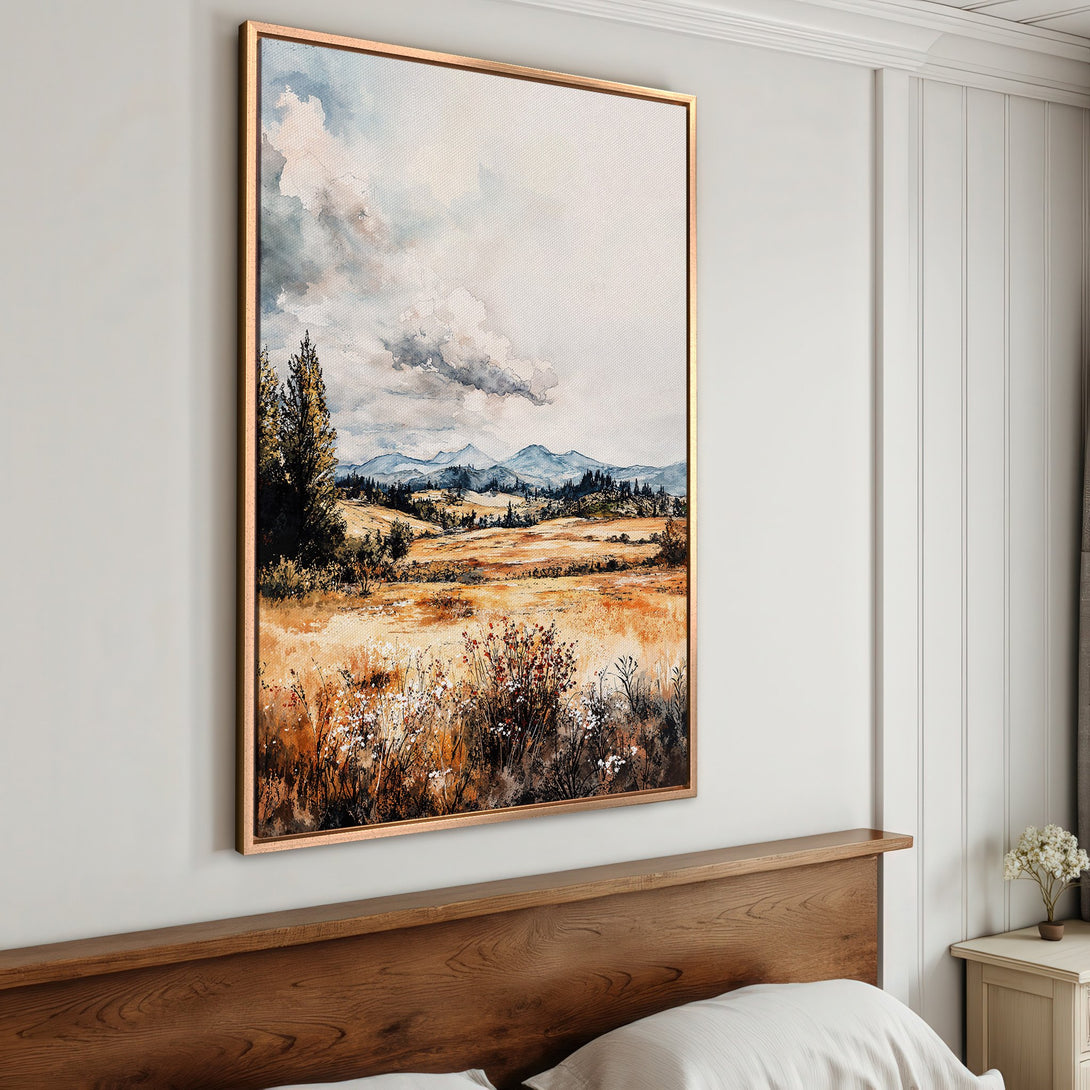 Framed Wall Art: Watercolor landscape Canvas Print with warm earth tones and blue sky. Perfect for adding a touch of nature to your home decor.