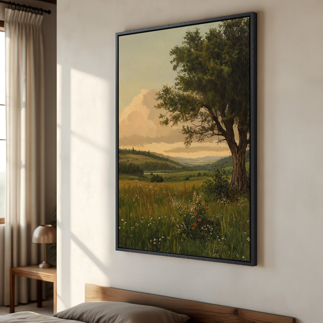 Framed Wall Art: Vintage landscape Canvas Print with a serene meadow scene in warm, earthy tones. Perfect for adding a touch of nature to your home decor.