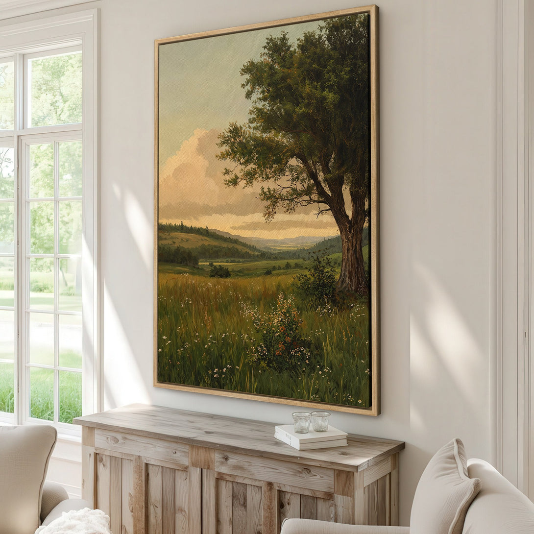 Framed Wall Art: Landscape Canvas Print in warm tones. Featuring a serene meadow scene with a large tree, perfect for adding a touch of nature to your home.