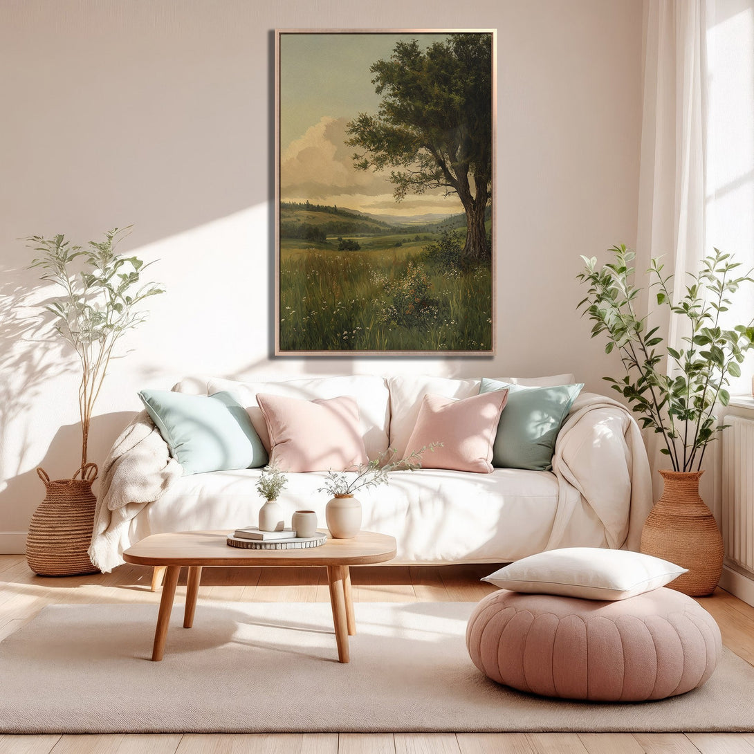 Framed Wall Art: Landscape Canvas Print in a serene living room. Earthy tones and pastel accents create a calming, stylish interior. Bring nature indoors!