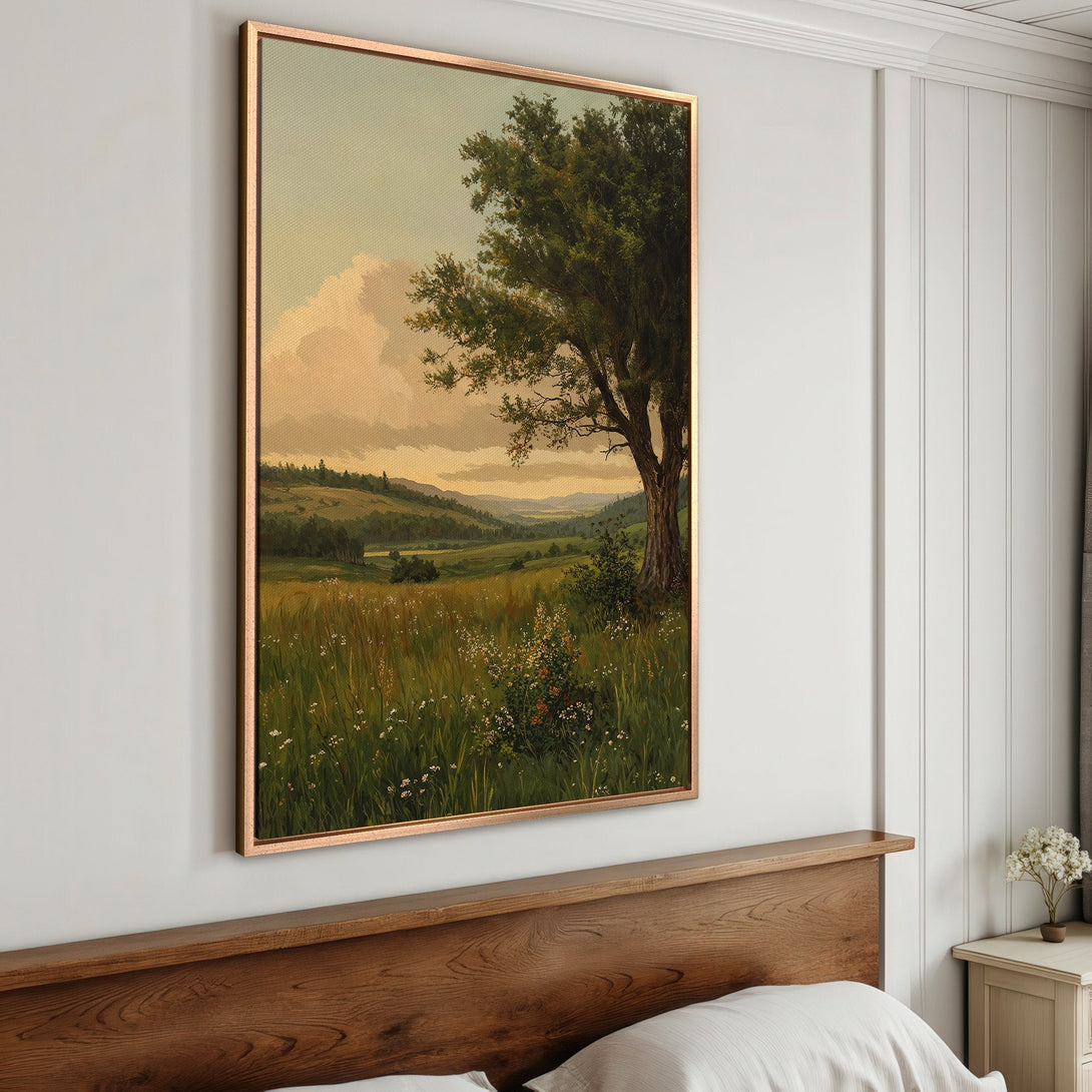 Framed Wall Art: Landscape Canvas Print with a serene meadow scene in a warm, earthy color palette. Perfect for adding a touch of nature to your home decor.