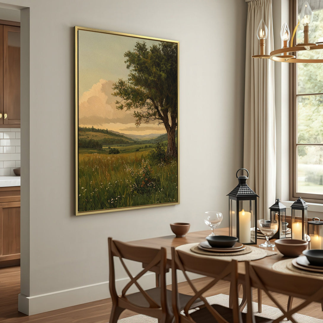 Canvas Print of a serene landscape painting with a tree, in a neutral color palette. Perfect for adding a touch of nature and art to your home.