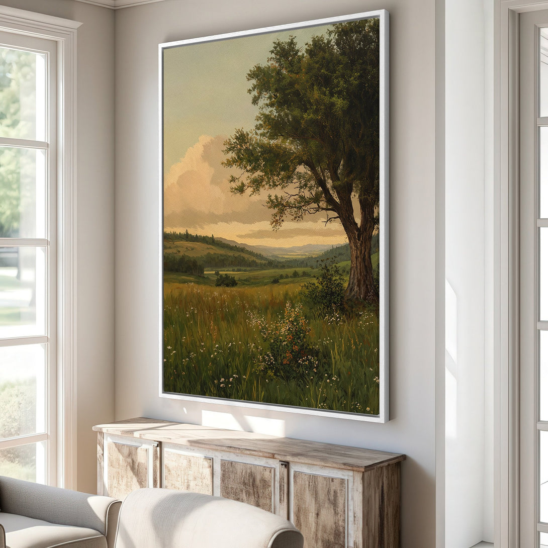Framed Wall Art: Landscape painting with a tree in a field. Warm, earthy tones create a serene, vintage aesthetic. Perfect for adding nature to your home.