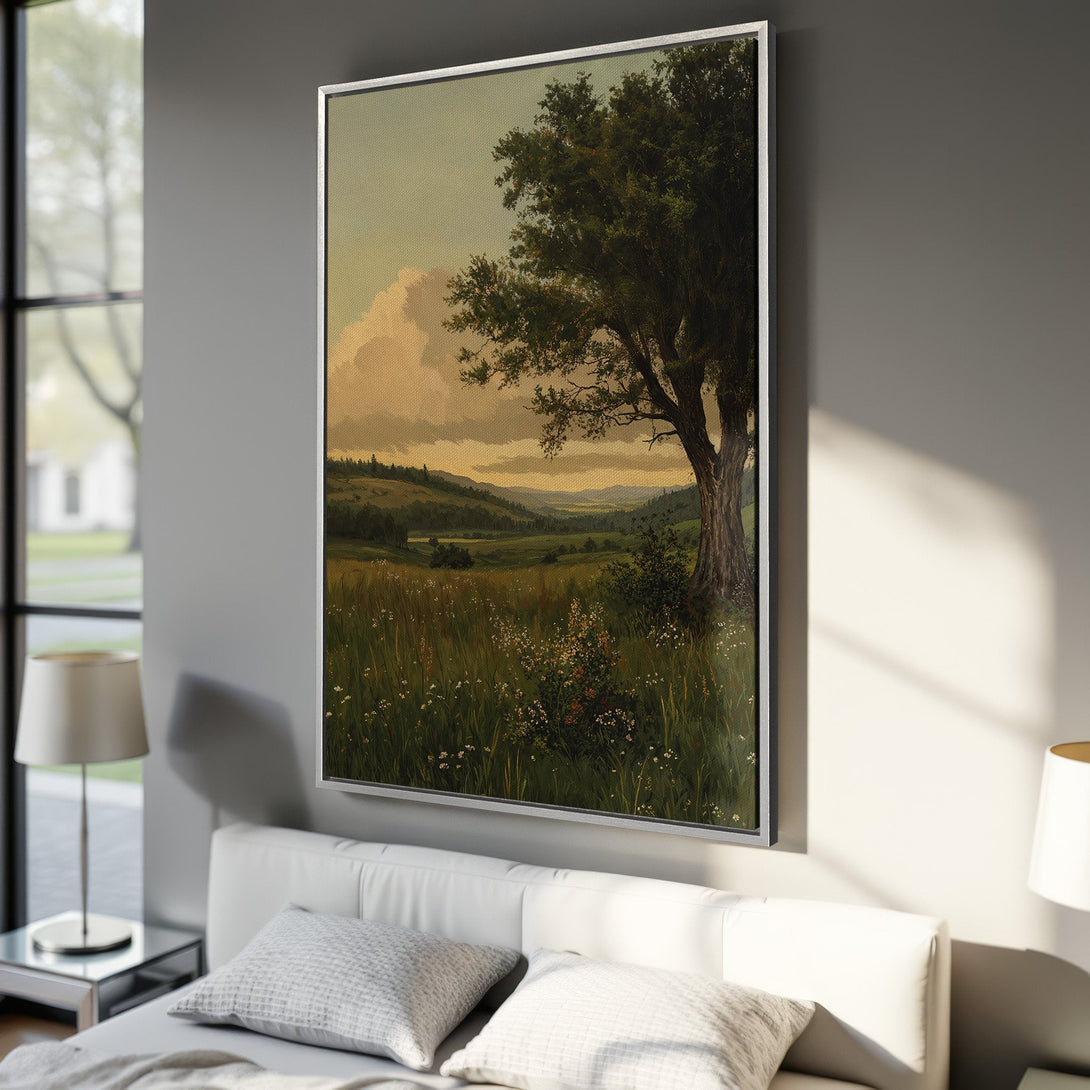 Framed Wall Art: Landscape Canvas Print featuring a serene tree and field scene in a classic style with warm, earthy tones. Perfect for adding a touch of nature.