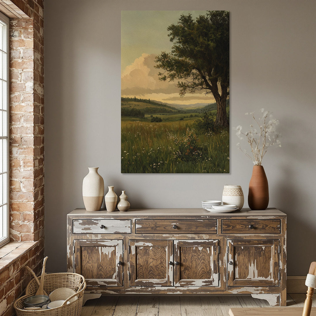 Framed Wall Art featuring a landscape painting with a tree, in warm earth tones. Perfect for adding a touch of nature to your dining room.