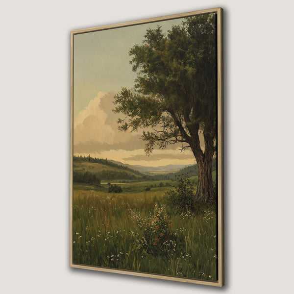 Framed Wall Art: Landscape painting of a tree and field in muted greens and golds. Perfect for adding a touch of nature to your home decor.