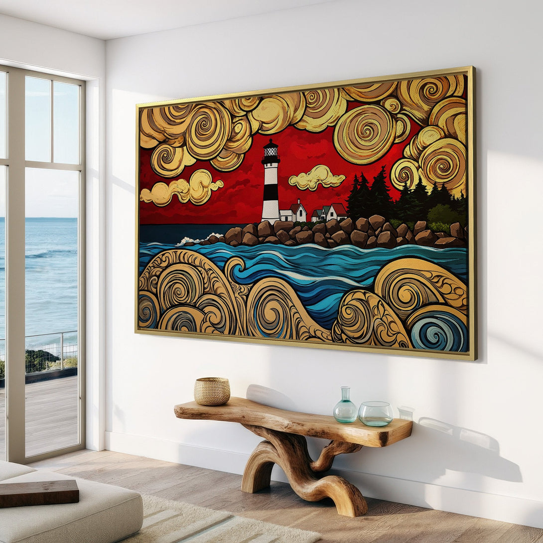 Canvas Print of a lighthouse landscape in a vibrant, stylized art style. Features a bold red, gold, and blue color palette, perfect for home decor.