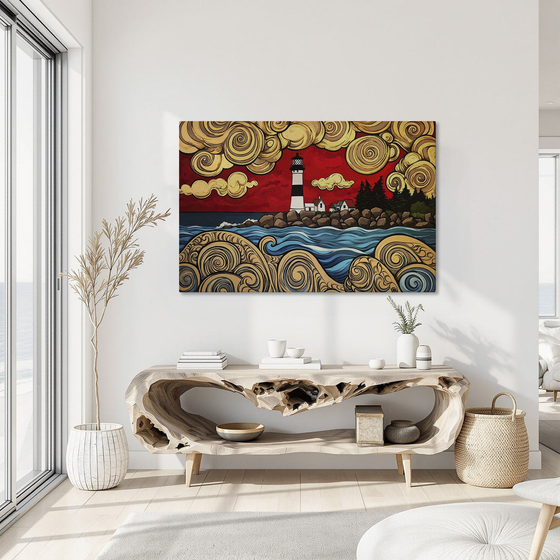 Framed Wall Art featuring a lighthouse scene. Vibrant, stylized artwork with a red, gold, and blue color palette. Perfect coastal decor for your home!