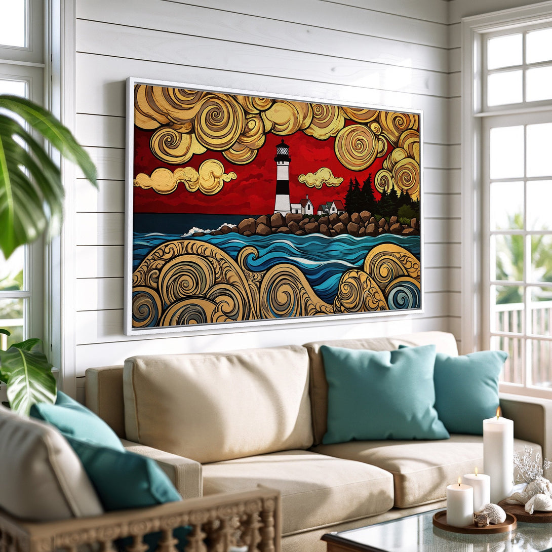 Framed Wall Art: Lighthouse art print in a coastal style with a red, blue, and gold color palette. Enhance your home decor with this unique canvas print.