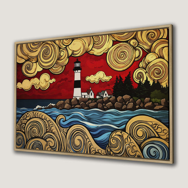 Framed Wall Art: Lighthouse art print with swirling clouds, waves, and a vibrant red sky. Coastal decor in a bold, stylized design with gold, blue, and red hues.