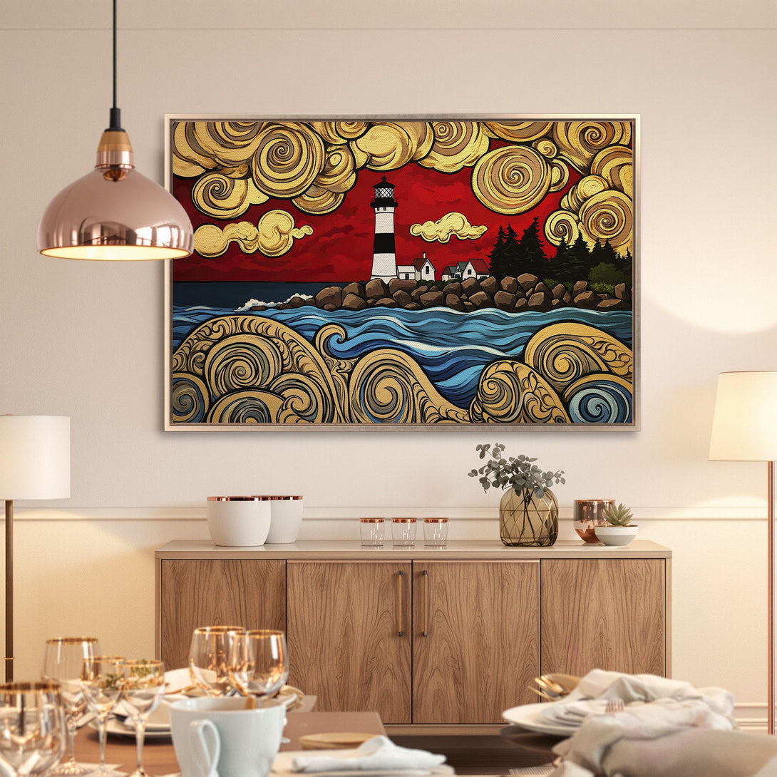 Framed Wall Art: Lighthouse coastal scene in vibrant red, gold, and blue. Modern, stylized Canvas Print adds a pop of color to any room.