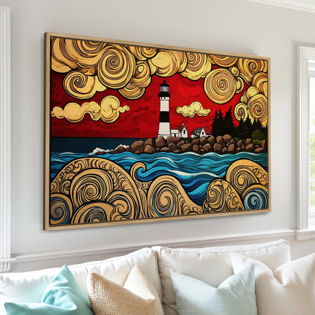 Framed Wall Art: Lighthouse landscape in bold, stylized art. Red, gold, and blue color palette. Perfect coastal decor for any home.