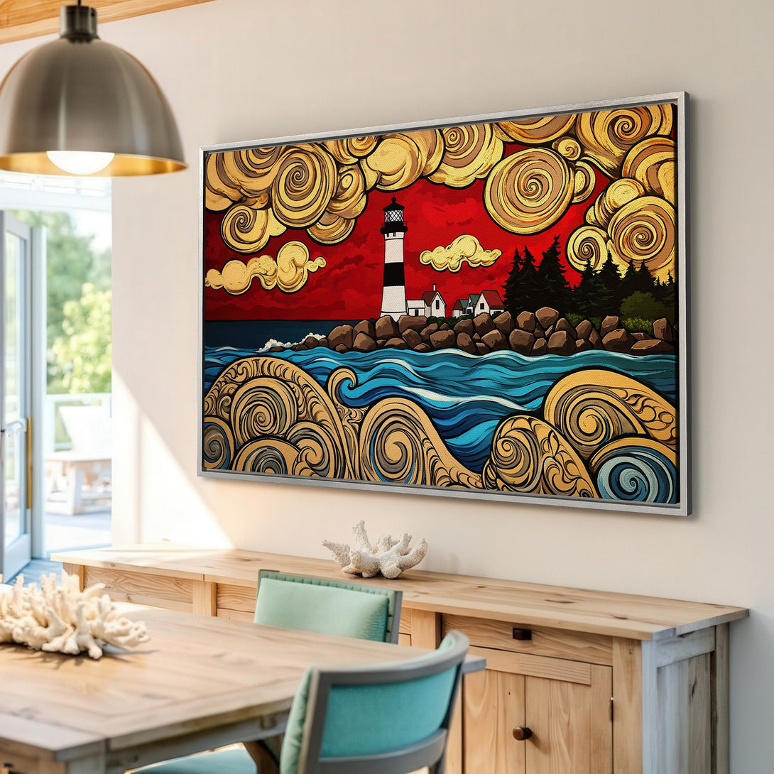 Framed Wall Art featuring a stylized lighthouse scene with bold colors (red, gold, blue). Coastal decor Canvas Print perfect for any room.
