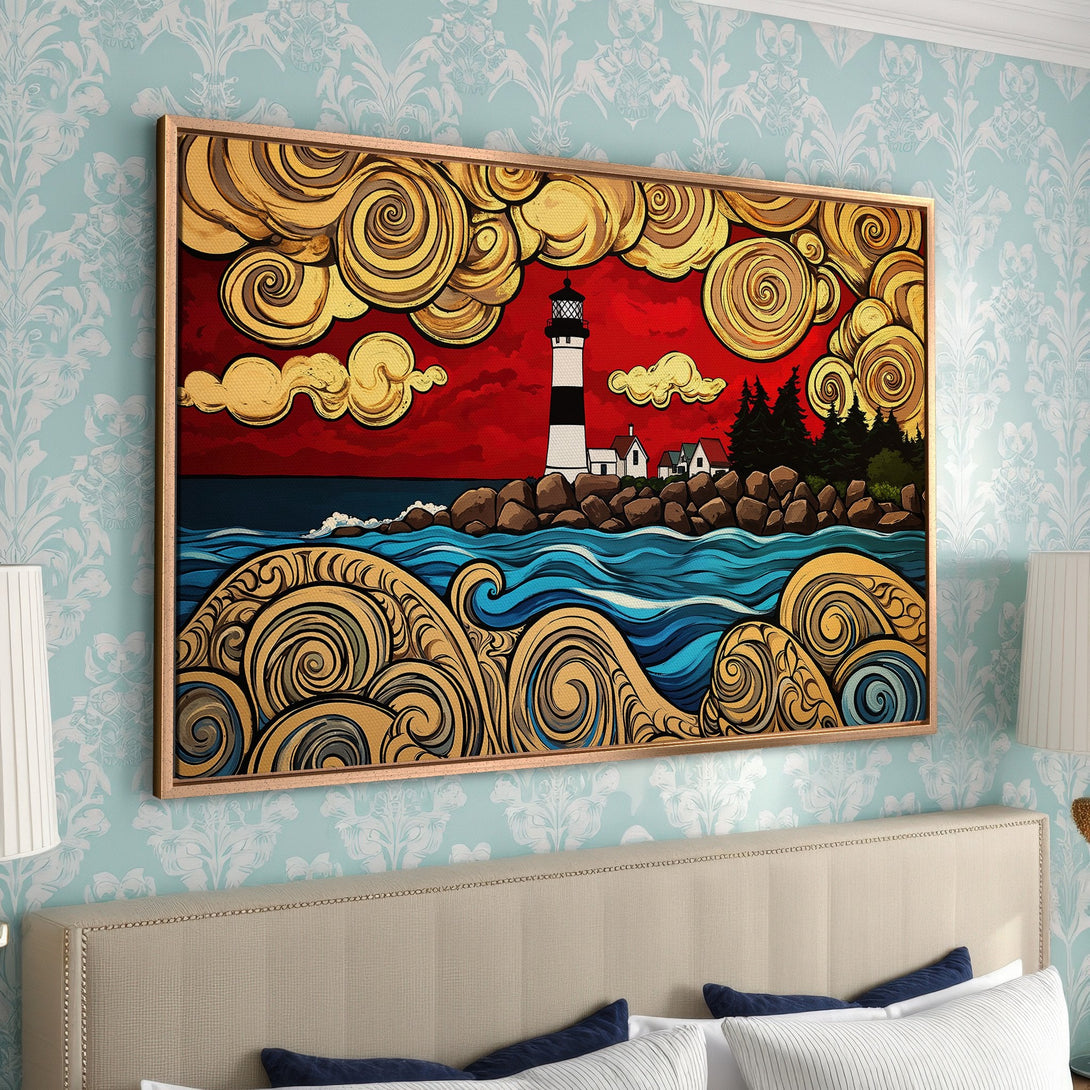 Framed Wall Art: Stylized lighthouse art in a vibrant red, gold, and blue color palette. Perfect coastal decor for your bedroom or living room.