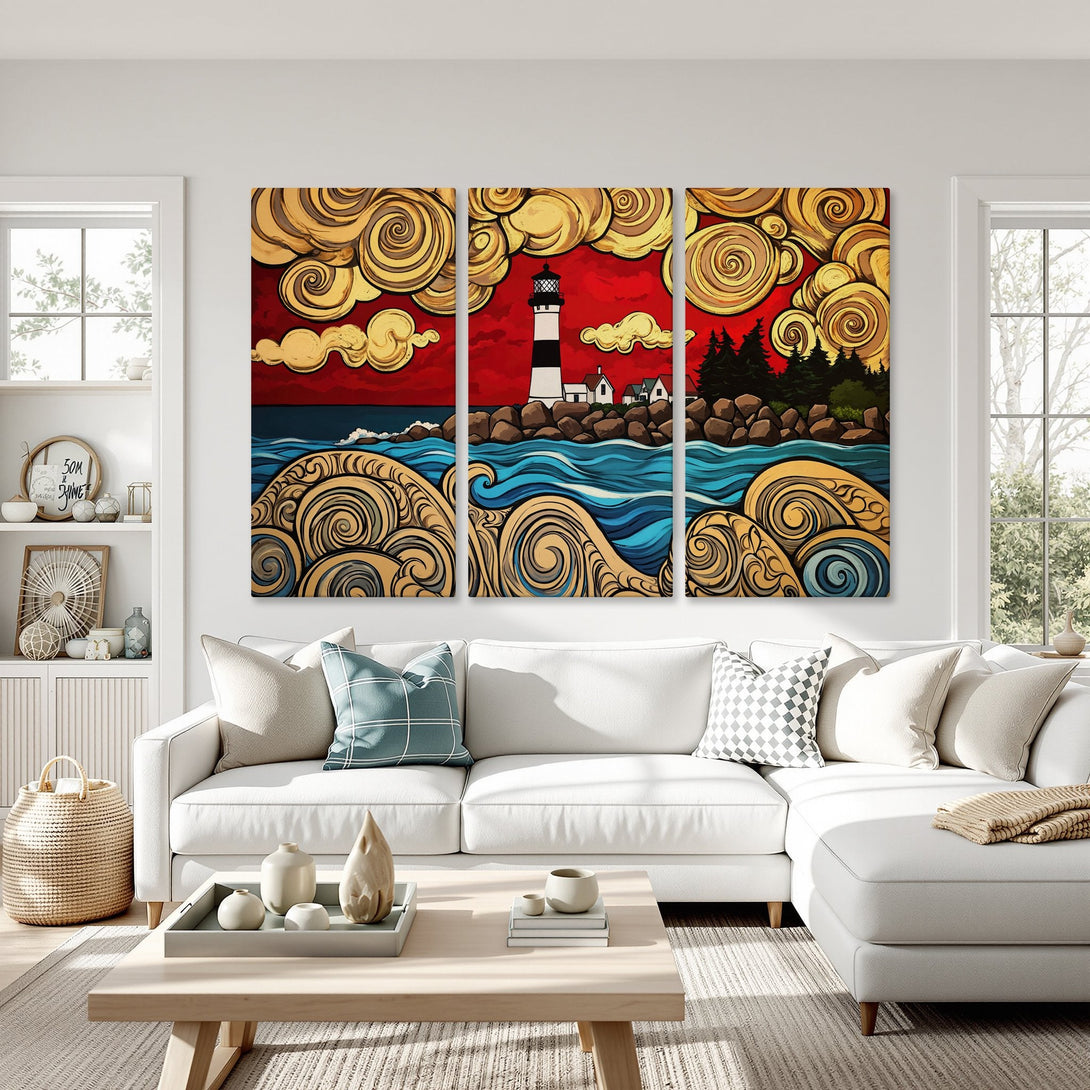 Canvas Print of a lighthouse landscape in a bold, stylized art style with red, gold, and blue hues. Perfect wall decor!