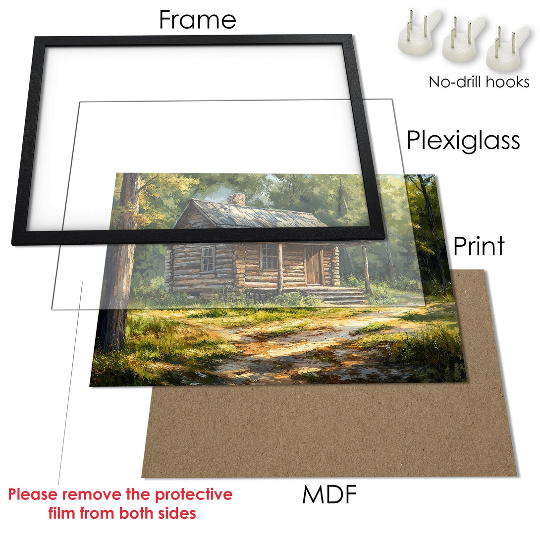 Framed Poster of a cabin in a forest, rustic style with warm earth tones. Perfect wall art for your home!