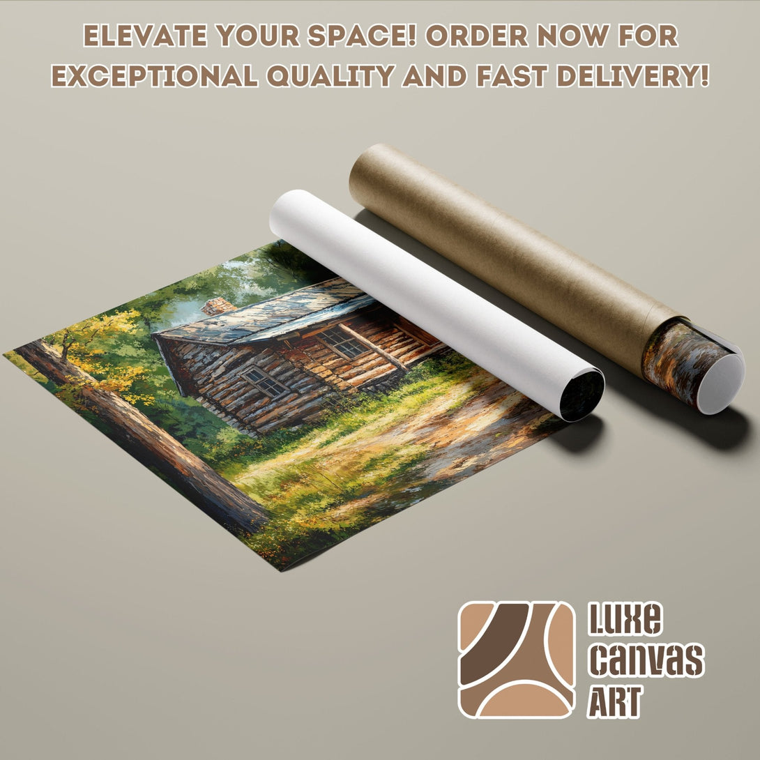 Poster Roll featuring a cabin painting in a warm, natural color palette. Order yours today!