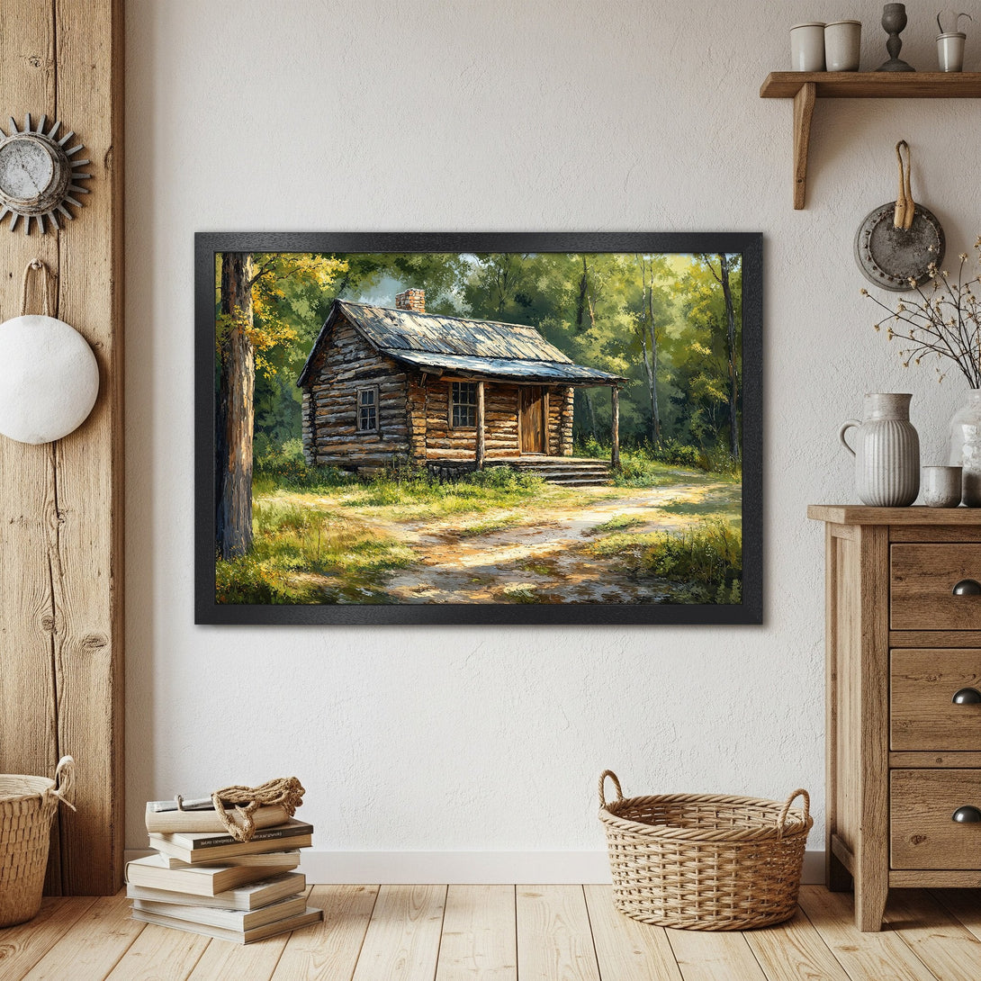 Framed Poster of a rustic cabin in a forest, painted in a warm, inviting style with a natural color palette. Perfect wall art!