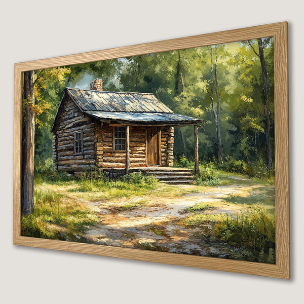 Framed Poster of a rustic cabin in a forest. Warm, inviting colors and a classic painting style. Perfect wall art!