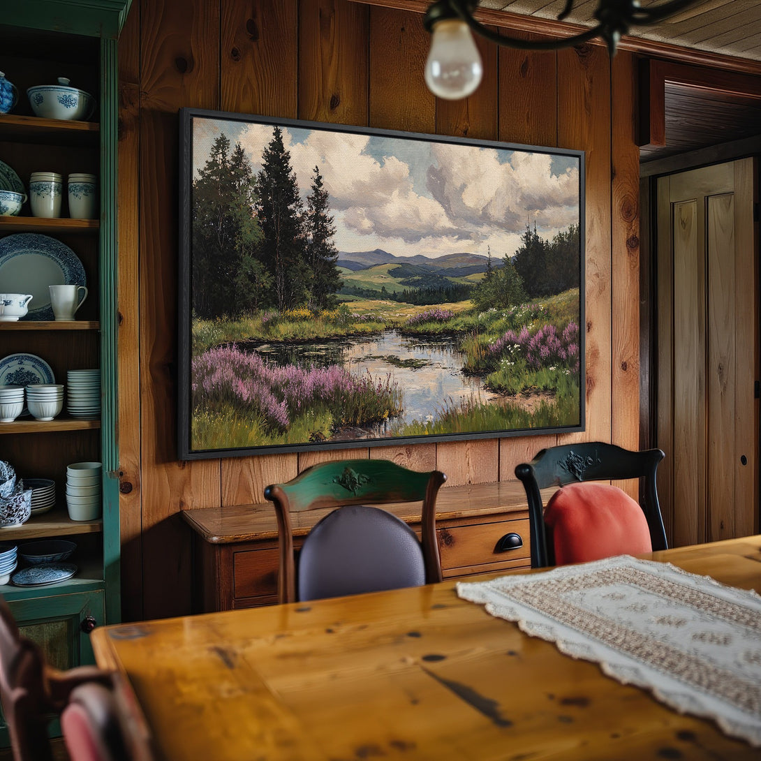 Framed Wall Art: Landscape painting with a pond, trees, and purple flowers. Rustic style, earthy tones, perfect for home decor.
