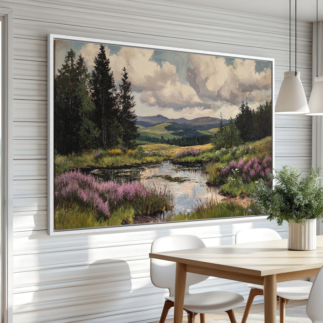 Framed Wall Art: Landscape Canvas Print with a serene pond scene, featuring lush greens, purples, and blues. Perfect for adding a touch of nature to your home.