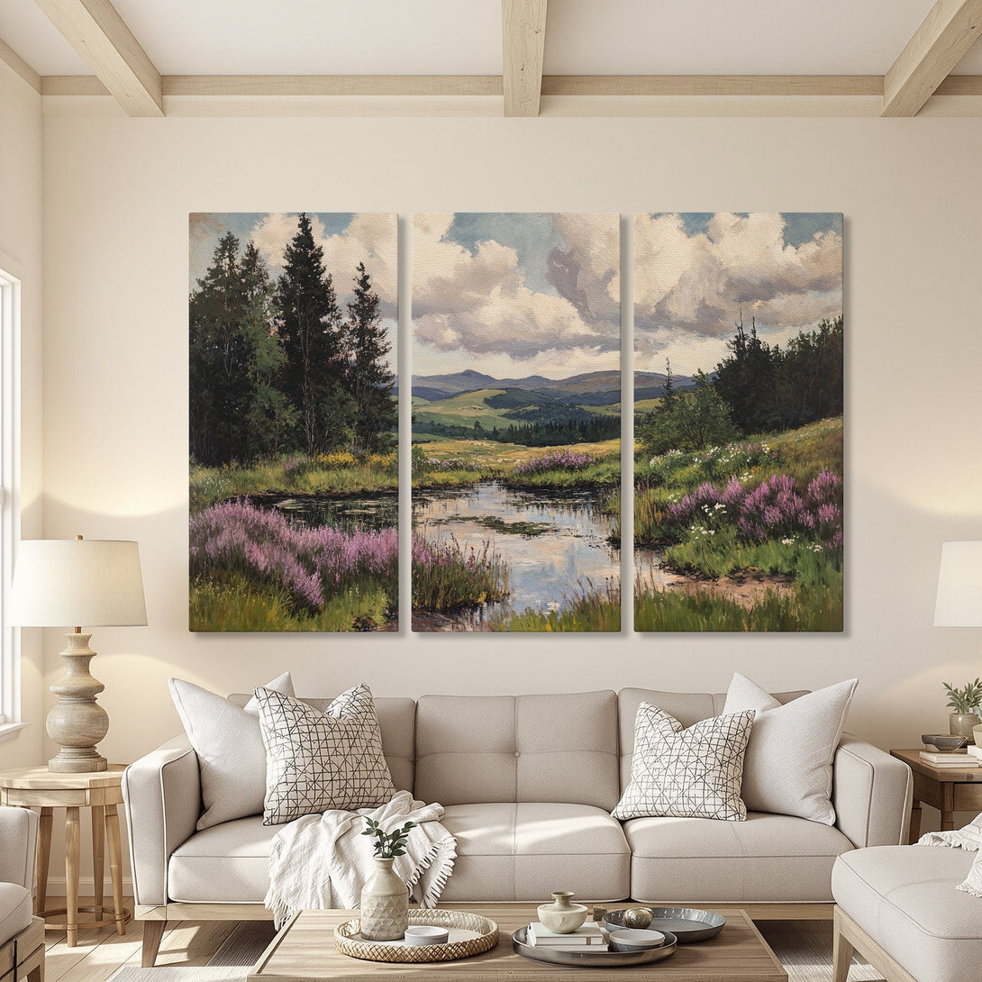 Triptych Canvas Print of a serene landscape with a pond, featuring a soft, natural color palette. Perfect wall art for a calming living room.