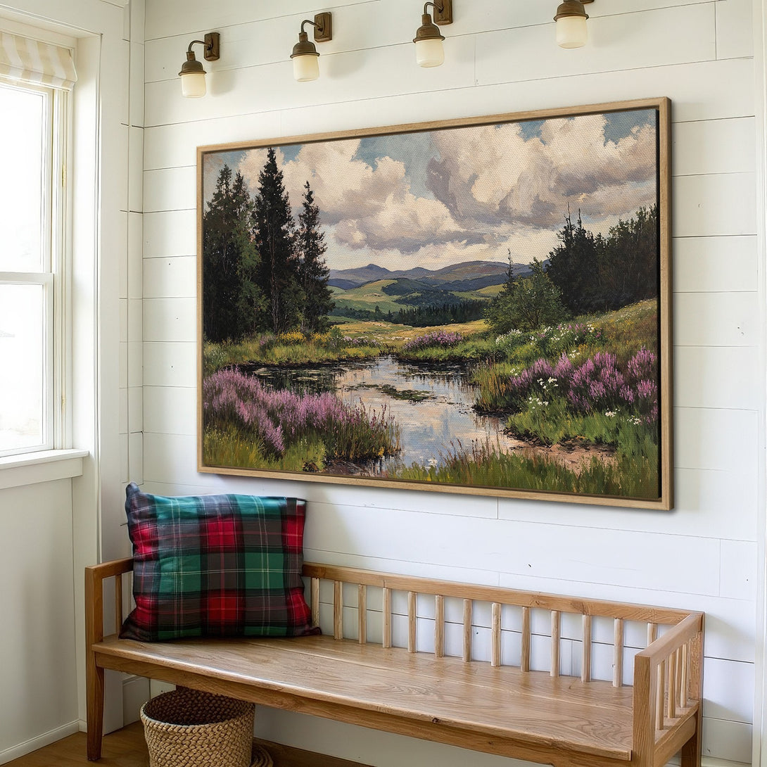 Framed Wall Art: Landscape painting with serene river scene. Earthy tones of green, blue, and purple create a tranquil aesthetic, perfect for any interior.