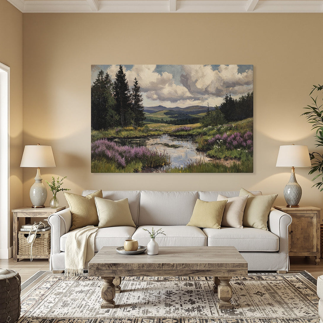 Framed Wall Art: Landscape Canvas Print in warm tones, depicting a serene river scene with purple flowers. Perfect for adding a touch of nature to your home.