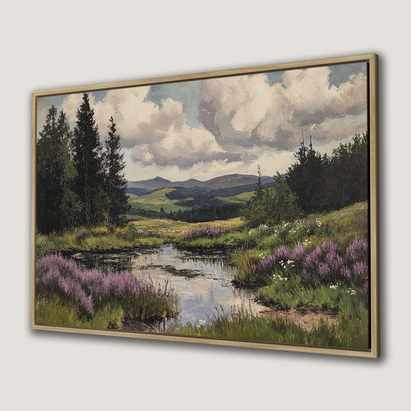 Framed Wall Art: Landscape painting with a pond, purple flowers, and green hills. Classic style with a muted, natural color palette. Perfect for home decor.